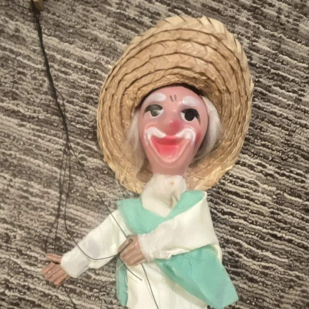 String Marionette Puppet w/ Wooden Cross Controller, Straw Hat, Green Vest